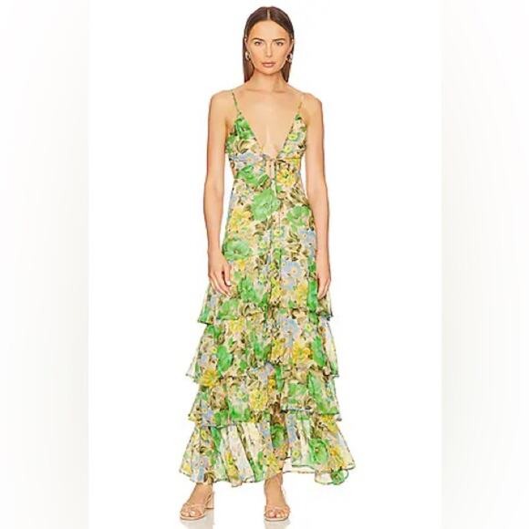 NWT ASTR Aneira Green Yellow Floral Tiered Ruffled Maxi Dress XL - Picture 5 of 10